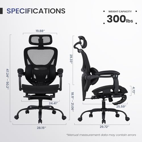 Image of MALOL Ergonomic Mesh Office Chair with Footrest, Executive High Back Computer Desk Chair with 3D Adjustable Headrest & 5-Level Lumbar Support, Reclining Tilt Lock, 3D Arms, 300LBS Capacity, Black