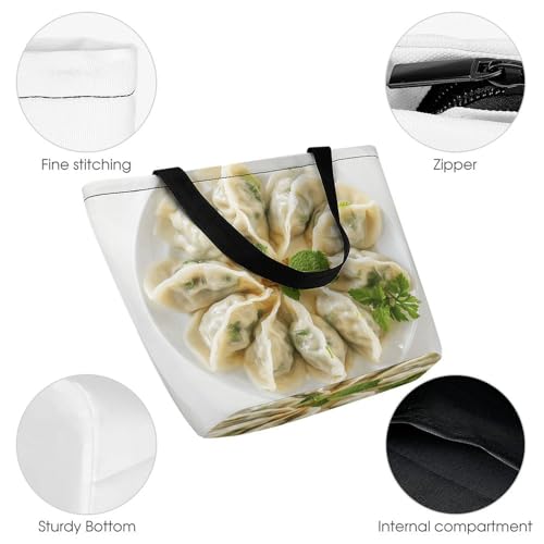 Women Tote Bags with Handles A Plate of Dumplings Shoulder Bag with Zipper Handbags Shopping Bags Travel Bag Beach Bag Reusable Grocery Bag for Swim Holiday Gift3