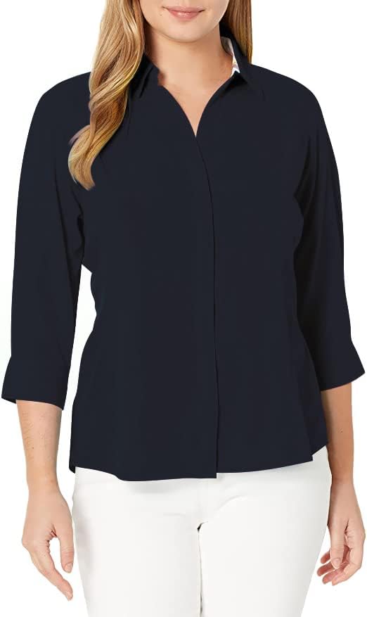 Women's Button Down Shirt 4-Way Stretch V Neck Blouse Wrinkle Resistant & Breathable 3/4 Sleeve Collared Work Top