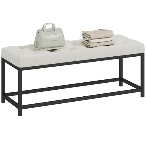 HOMCOM Banco Pie de Cama, Tapizado en Terciopelo, Banqueta para Dormitorio, Diseño Capitoné, Base de Metal, Banco para Dormitorio, Entrada, Salón, Recibidor, Crema