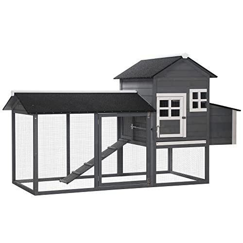 PawHut 84" Wooden Chicken Coop, Hen House Outdoor with Run Nesting Box, Asphalt Roof, Removable Tray, Ramp, Poultry Cage for 2-3 Chickens, Gray