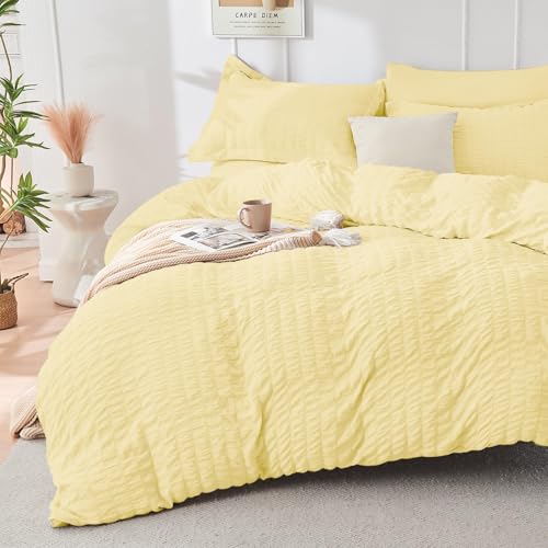 Image of HYMOKEGE Yellow King Size Comforter Set Seersucker 7 Pieces, All Season Luxury Bed in a Bag for Bedroom, Bedding Set with Comforter, Sheets, Pillowcases & Shams
