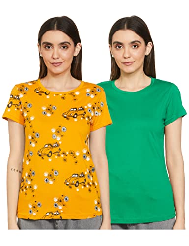 Image of ABOF Women's Regular fit T-Shirt (Pack of 2) (BOA19AWWWTE3124690 Mustard & Green Small)