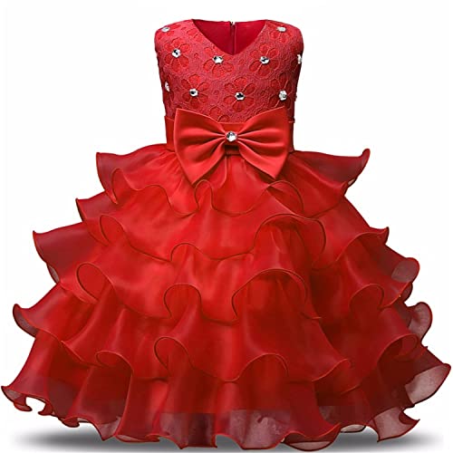 NNJXD Girl Dress Kids Ruffles Lace Party Wedding Dresses Size 4-5 Years Red(120)