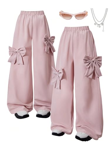 BEAUDRM Calça feminina Y2k com laço e cintura elástica folgada reta perna larga roupa esportiva, ros