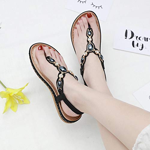 Sandals For Women Casual Summer Jewelry Pearl Sandals T-Strap Thong Bohemian Dressy Flats Shoes Comfy Beach Flip Flops Black 9 #TOP6