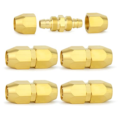 ChillWaves Brass Air Reusable Replacement Fitting,Reusable Hose Splicer 1/4" ID Polyurethane Hose（1/4" Barb）Repair Fitting(5-PACK)