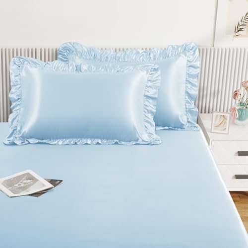 Image of Homiest Baby Blue Full Ruffle Pillowcase & Satin Fitted Sheet Set 3Pcs | Silky Satin Protects Hair And Skin, 15-Inch Deep Pocket, Pearlescent Airy Serene Feel, Easy Machine Wash Care