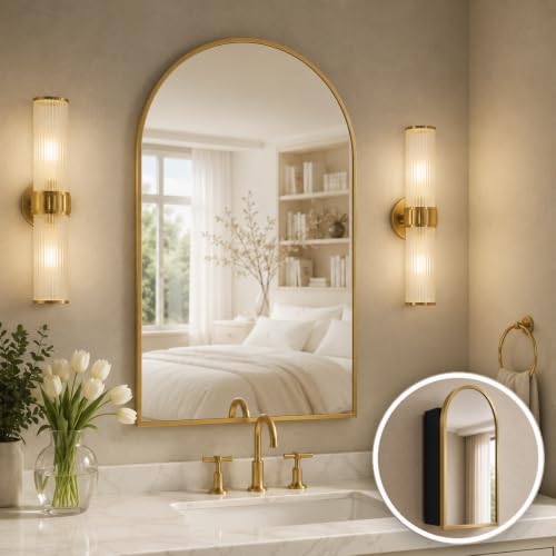REYOXCEL Arched Medicine Cabinet Mirror No Assembly Needed Bathroom Mirror with Storage Recessed or Surface Mount Options (Gold 25.6 L x 15.8 W)