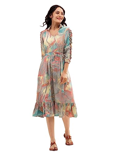 Image of AASK Abstract Printed Puff Sleeve Gathered Detailed Fit Flare Dress