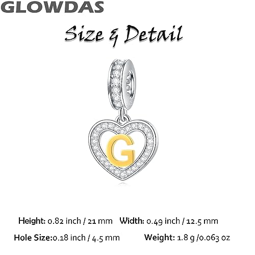 Image of GLOWDAS 18K Gold Plated Letter Charms Initial A to Z Necklace Pendant, 925 Sterling Silver CZ Heart Dangle Alphabet Beads fit European DIY Bracelet, Gifts for Valentiens /Christmas /Family