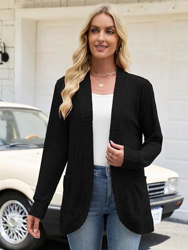 Image of Heymoments Women Long Sleeve Open Front Cardigan Black Large Casual Lightweight 2025 Fall Winter Swearter Ladies Loose Knit Outwear Coats with Pockets