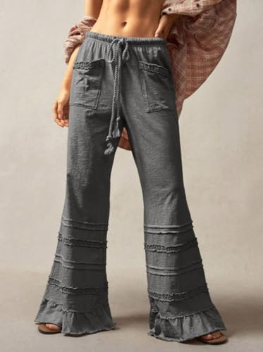 Ruffle Pants Women Wide Leg Flare Drawstring Elastic High Waisted Baggy Trousers Solid Palazzo Pants with Pockets4