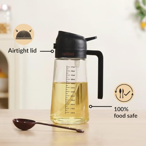 Image of Nestasia 2 in 1 Oil Sprayer & Dispenser Glass Bottle for Kitchen (470ml) - Vinegar & Olive Oil Bottle with Measuring Spoon for Healthy Cooking, Salad Dressing, Air Fryer, BBQ & Grilling (Black)