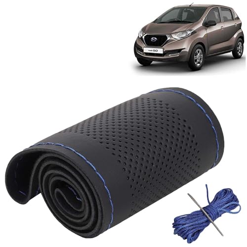 Image of KINGSWAY PU Leatherite Car Steering Cover Sewable Compatible with Datsun Redi Go (Year 2016 Onwards), Black Color with Blue Thread, Pack of 1 with Sewing Needle and Thread