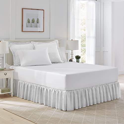Image of Laura Ashley - Twin Size Ruffled Bed Skirt, Lightweight Cotton Bedding with 14.5 inch Drop & Smooth Hand Feel, College Dorm Room Essentials (Ticking Stripe Grey)