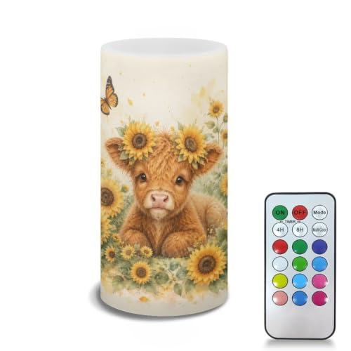 Image of Poceacles Flameless LED Candle Battery Powered Votive Lights Realistic Pillar Candle Decorative Tea Lights for Home Party Indoor Outdoor Decor, Highland Cow Sunflower Butterfly