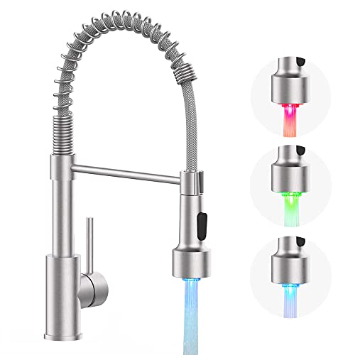 Owofan Kitchen Faucet With Led Sprayer Single Handle Pull Down Sprayer Spring Kitchen Sink Faucet With Led Light Brushed Nickel 9005Sn #TOP11