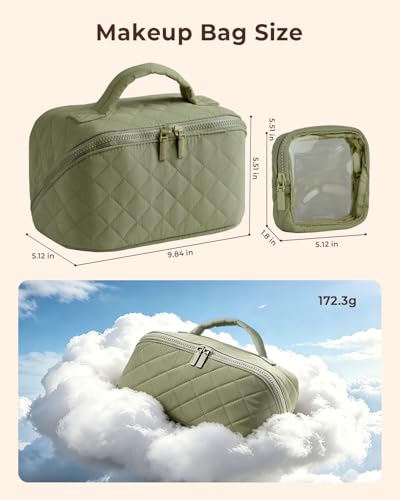 Image of Batfield Makeup Pouch Bag for Women, 2Pcs Waterproof Puffer Set with 180 Flat Open, Travel Large Capacity Makeup Bag for Women with Brush Compartment & Handle for Vacation, Business Trip (Green)