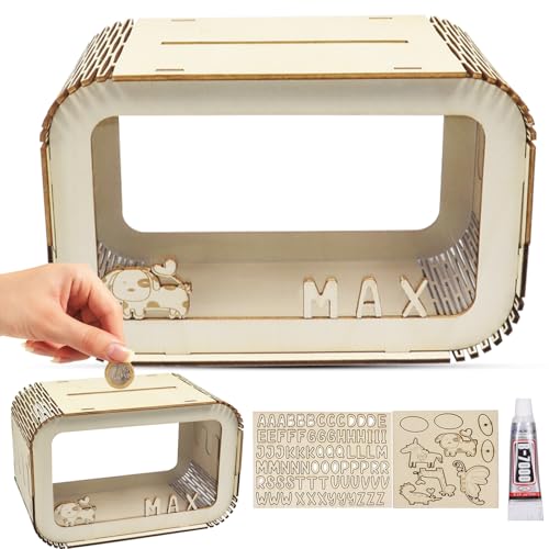 Tirelire en Bois, Tirelire Personnalisée pour Enfant Adulte, Boîte à économies avec Nom, Bricolage avec Les Lettres A à Z, Tirelire Billet Transparente...