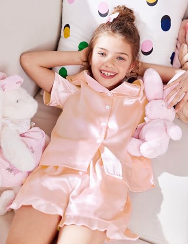 Image of Arshiner Girls Pajamas Silk Satin Pajama Set Button Pjs Ruffle Sleepwear