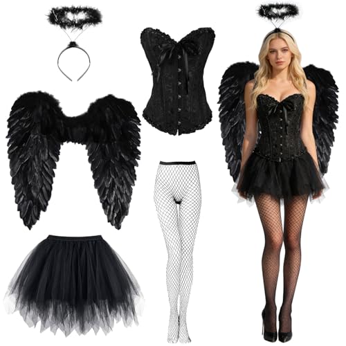Schwarzer Engel Kostüm Damen,Schwarze Flügel Engel,Engelsflügel Schwarz mit Heiligenschein,Engelsflügel Schwarz Engel Flügel für Halloween...