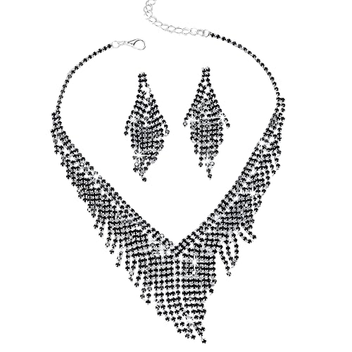 Joyas de diamantes de imitación negros antialérgicas con collar de borla de cristal brillante