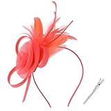 AMCAMI Fascinators Hats with Feather for Women 2025 Derby Hats Tea Party Hat with Headband and Clip Coral Red