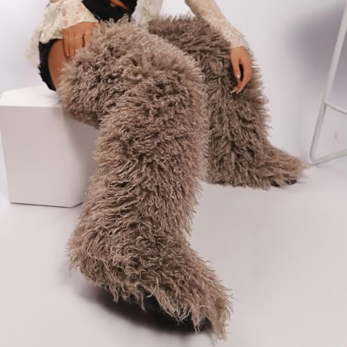 Image of Black Thigh High Fur Boots, Over the Knee Fluffy High Boots, Tall Furry shoes for Women