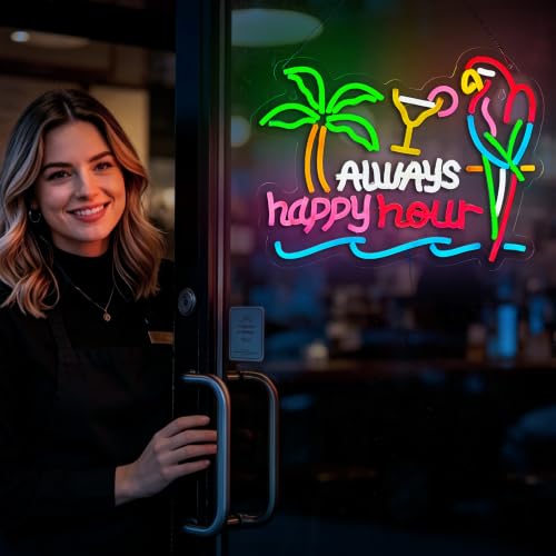 Image of Always Happy Hour Neon Sign for Wall Decor,Parrot Bar LED Light Up Dimmable Signs Compatible with Timer for Pub Party Man Cave Room Restaurant Business Party Art Decor Gift
