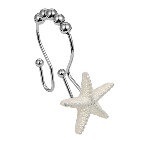 Cyrra Stainless Steel Rust Resistant Double Hooks Glide Shower Ring Hangs For Both Shower Curtain And Liner 12-Pack (Starfish And Shell Double Hook) #TOP4