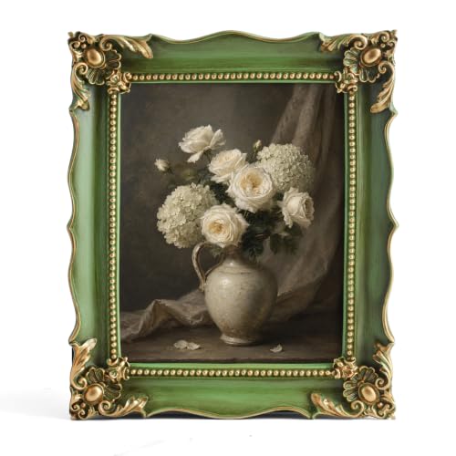 Image of Saysmile 8x10 Vintage Picture Frame with Embossed Flower Design, Green Ornate Frame for 8x10 or 5x7 Pictures with White Mat, Hand-Crafted Resin Antique Frames for Tabletop & Wall Hanging, Home Decor (Sage Green)