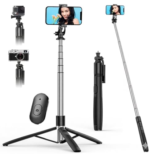 Image of Long Selfie Stick Tripod 61 inch Extended Bluetooth Remote Stainless Steel Mobile Tripod for iPhone Android Vlogging Live Streaming Travel 1 /4 inch Screw for Camera Ring Light (Standard)