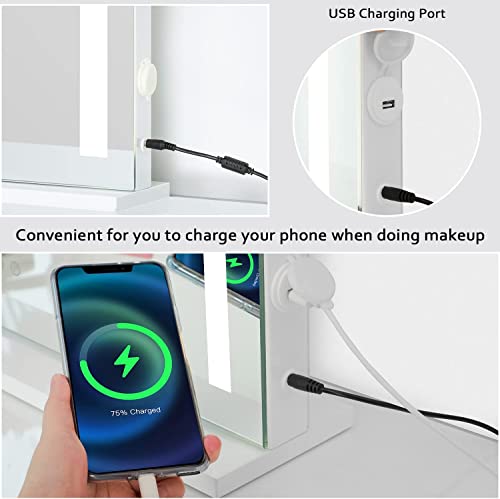 Amst Lighted Vanity Makeup Mirror With 3 Color Modes - Large Beauty Mirror With Led Backlit Light Strips & Usb Port, Tabletop/Wall Touch Control Cosmetic Mirror, Hollywood Style Mirror,23" L X 18" H #TOP3
