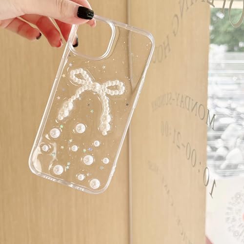 Image of COVERLY for iPhone 15 Pro Max 3D Luxury Pearl Bow Resin Phone Case,Trendy Translucent Cute Hard Epoxy Art Crystal Clear -Non Yellowing Love Heart Pearl Princess Cover for Apple iPhone 15 Pro Max