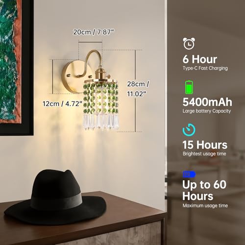 Image of Shenmoyl Set of 2 Crystal Battery Operated Wall Sconce, Rechargeable Battery Powered Wall Lamp with Remote Control, Modern Dimmable Wall Lights for Bedroom Bathroom(Green, Gold Base)