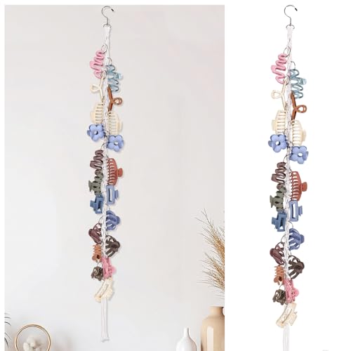 SNOWSTAR Macrame Hair Claw Clip Organizer with Rotating Hook and 20 Metal Rings Hanging Hair Clip Holder and Storage for Women Girls Claw Clips Hanger Home Decor for Wall Door Closet