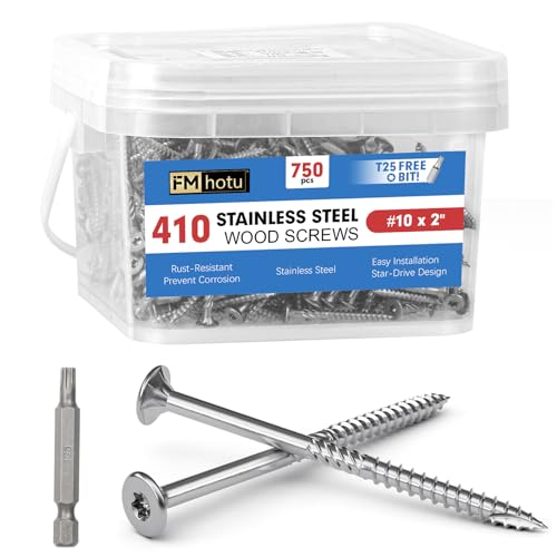 Image of #10 x 2 Stainless Steel Deck Screws, 750Pcs 410 Grade Stainless Steel | T25 Star Bit Deck Screws,Rust Resistant Timber Screws for Log Landscaping Wood