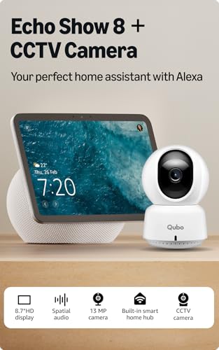 Image of Amazon Echo Show 8 (newest model), vibrant 8.7 inch HD display with spatial audio & Alexa, new sleek design, Glacier White, combo with Qubo CCTV camera