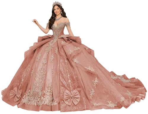 Zhangyo Off Shoulder Quinceanera Dresses Puffy Tulle Sweet 15 16 Dresses with Bow Gorgeous Lace Applique Ball Gown