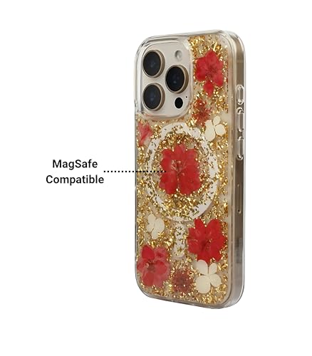 Image of Mag Flower Series Case for iPhone 16 Pro Compatible with Wireless Charging | Real Dried Flower Embedded Design | Slim Transparent Shockproof Back Cover | Red Edition
