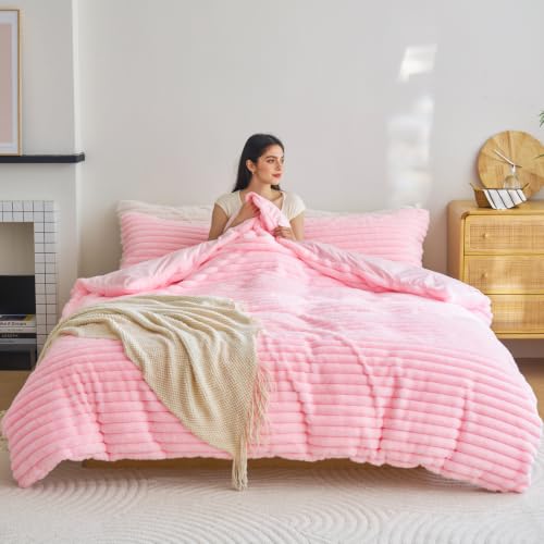Image of Besfunny Pink Fluffy Comforter Cover Queen Size ,Plush Striped Bedding 3pcs Set(1 Queen Size Fuzzy Duvet Cover+2 Fur Pillow Cases ) Faux Fur Luxury Bed Set (Pink, Queen)