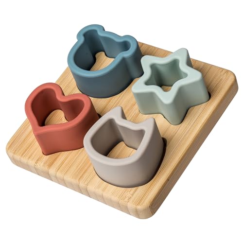 Image of Mary Meyer Baby and Toddler Toys Simply Silicone Sorting Puzzle with Bamboo Base for 12+ Months Old Preschool Gifts, 4 x 4-Inches, Animal, Star, Heart Shapes