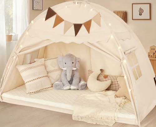 Twin Size Bed Tent Canopy, Kids Play Tent with Flags & Star Lights, Canopy on Bed Privacy Space Sleeping Blackout Tents, Indoor Breathable Portable & Foldable, Girls & Boys Gifts, Cream Castle Style