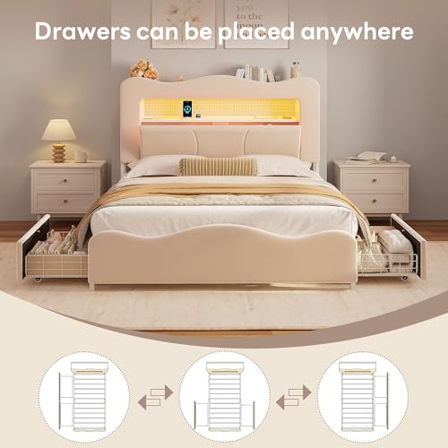 Image of LIKIMIO Full Upholstered LED Bed Frame with 2 Storage Drawers and Bookcase Storage Headboard, Velvet Princess Platform Bed with Charging Station, Heavy Duty Metal Support, No Box Spring Needed, Beige