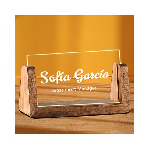 Placa de nombre LED personalizada para escritorio, placa de nombre acrílica personalizada con base de madera y luz para jefe, compañero de trabajo, profesor, empleado, regalo único de oficina para