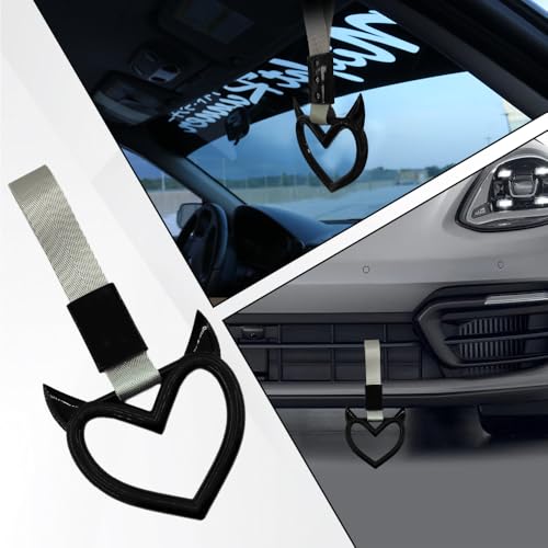Image of 2PCS Heart shaped Car Handle Straps, Heart Car Accessories, Ring Hearts Shaped Cars Hand Strap Drift Charm, Universal Handle Keychains Accessory Suitable for Cars Bus (Black+silver)