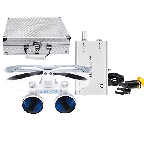 Mike Dental New Surgical Binocular Loupes 3.5X 420mm Working Distance Optical Glass +3W LED Head Light Lamp With Filter +Aluminum Box (Silver)