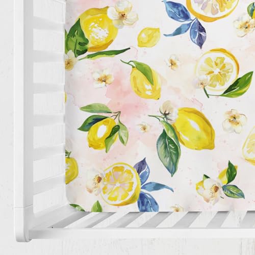 Image of Watercolor Lemons Leaves Baby Crib Sheets 52''x28'' Summer Lemon Boho Flowers Leaves Stretchy Fitted Crib Mattress Sheet for Boy Girl Fruits Soft Baby Sheets for Standard Crib and Toddler Mattresses