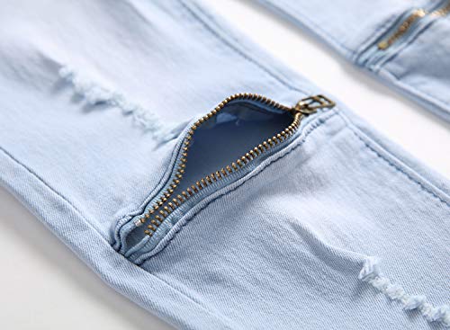 Boy's Light Blue Ripped Distressed Skinny Fit Knee Zipper Stretch Slim Denim Jeans Pants #TOP4